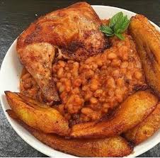 Beans porridge with Fried Plantain and chicken